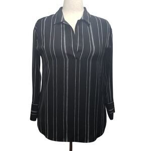 Ann Taylor Factory Women’s XS Black White Striped Oversized Blouse Split Neck